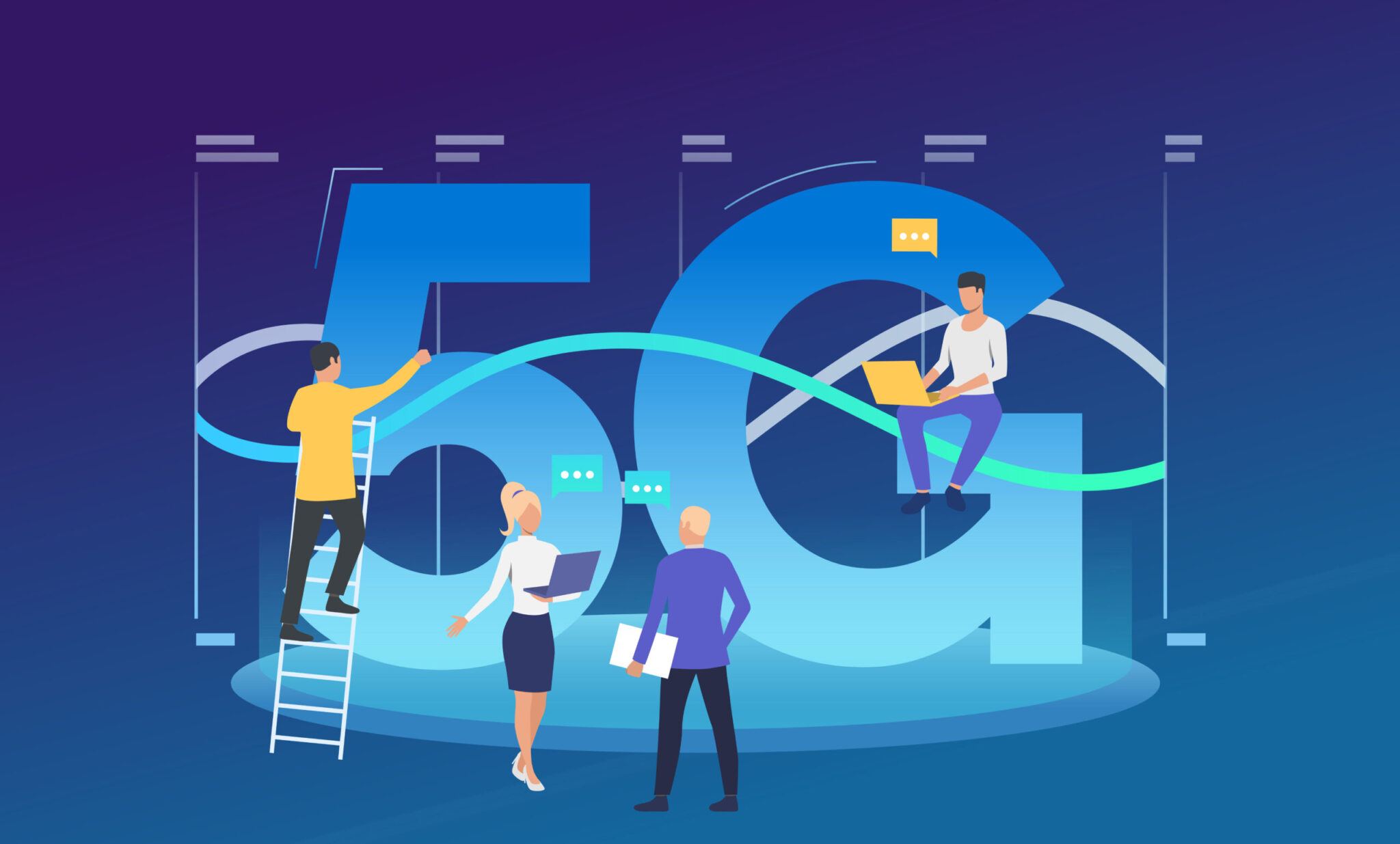 Developers working on 5G network. High speed connection, team, wifi. Technology concept. Vector illustration can be used for topics like fifth generation, cellular network, communication