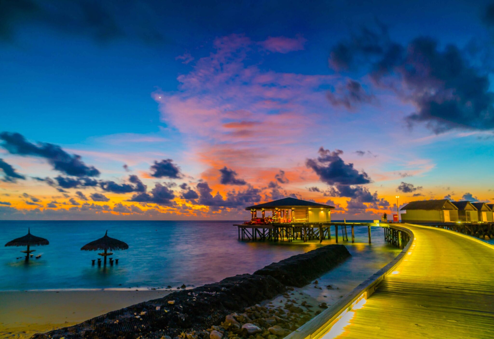 beautiful-water-villas-tropical-maldives-island-sunset-time