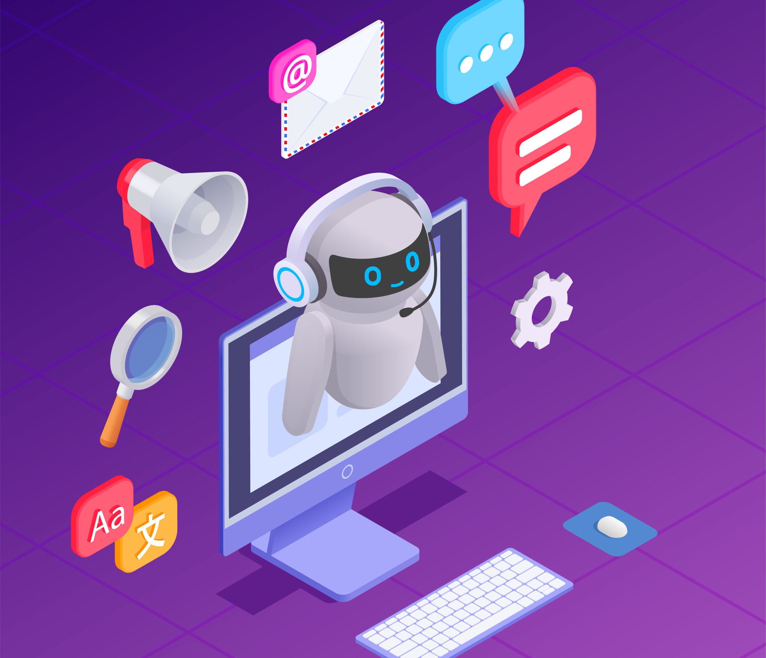 Chatbot messenger composition with technical support symbols isometric vector illustration